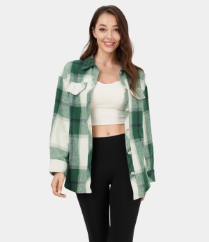 Halara Collared Button Lace Up Plaid Fleece Casual Jacket Women's Tops Green White Plaid | OFXBAVE-60