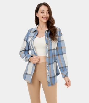 Halara Collared Button Lace Up Plaid Fleece Casual Jacket Women's Tops Blue White Plaid | SUVDOEM-87