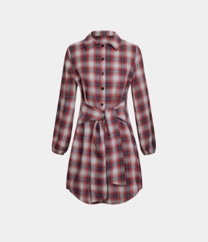 Halara Collared Button Lace Up Plaid Mini Casual Women's Dress Red Plaid | 023715-QJD