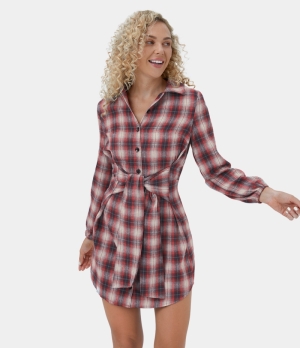 Halara Collared Button Lace Up Plaid Mini Casual Women's Dress Red Plaid | 397261-NVT