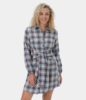 Halara Collared Button Lace Up Plaid Mini Casual Women's Dress Blue Plaid | 493718-VZN
