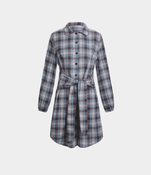 Halara Collared Button Lace Up Plaid Mini Casual Women's Dress Blue Plaid | 629413-JWQ