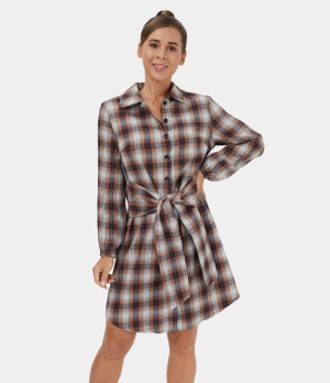 Halara Collared Button Lace Up Plaid Mini Casual Women's Dress Orange Grey Plaid | 801345-VWJ