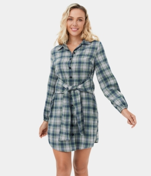 Halara Collared Button Lace Up Plaid Mini Casual Women's Dress Grey Green Plaid | 963125-GRW