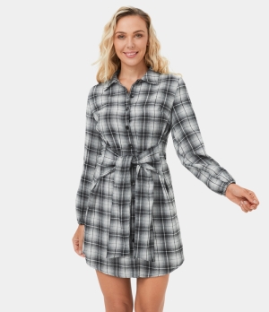 Halara Collared Button Lace Up Plaid Mini Casual Women's Dress Graphite White Plaid | 967483-ZOP