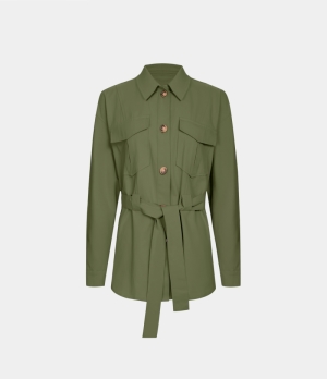 Halara Collared Button Lace Up Pocket Casual Cargo Jacket Women's Tops Olive Branch | VNAITFG-90