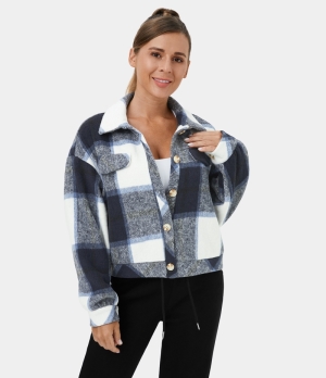 Halara Collared Button Plaid Cropped Casual Jacket Women's Tops Blue Grey Plaid | GBMCLPY-24