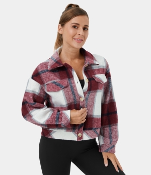Halara Collared Button Plaid Cropped Casual Jacket Women's Tops Red Grey Plaid | YXJTBCU-45