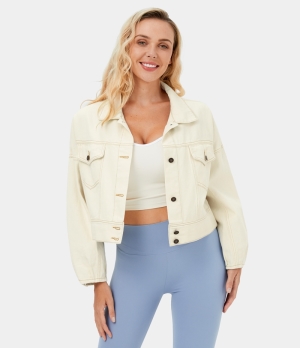 Halara Collared Button Pocket Casual Moto Jacket Women's Tops Sweet Corn | RXLIOJF-23