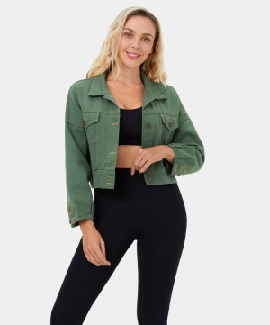 Halara Collared Button Pocket Casual Moto Jacket Women's Tops Dark Ivy | WUAFPVB-28