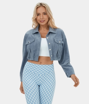 Halara Collared Button Pocket Cropped Corduroy Casual Jacket Women's Tops Dusty Blue | BUMACLR-80