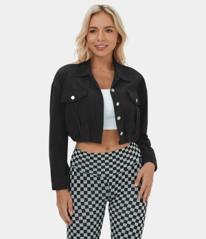 Halara Collared Button Pocket Cropped Corduroy Casual Jacket Women's Tops Black | NJOQVYP-89