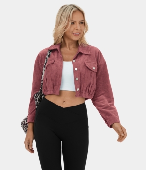 Halara Collared Button Pocket Cropped Corduroy Casual Jacket Women's Tops Mauvewood | UXTWJMK-71