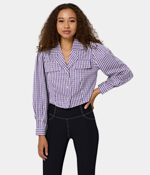 Halara Collared Button Pocket Front Plaid Cropped Shirt Women's Tops Light Purple | GIACPZV-30