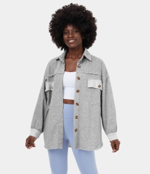 Halara Collared Button Pocket High Low Relaxed Casual Jacket Women's Tops Sage Grey | MCSKALH-31