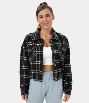 Halara Collared Button Pocket Plaid Cropped Casual Jacket Women's Tops Black White Plaid | QGSIAHC-76