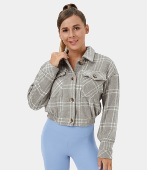 Halara Collared Button Pocket Plaid Cropped Casual Jacket Women's Tops Grey Plaid | YMFIAXJ-03