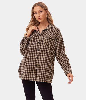 Halara Collared Button Pocket Plaid Shirt Women's Tops Mustard Brown | YSANROM-52