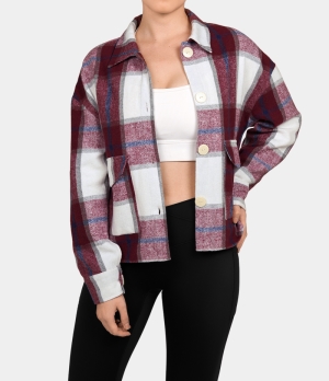 Halara Collared Button Side Pocket Plaid Fleece Casual Jacket Women's Tops Red Grey Plaid | LSYGMBC-41