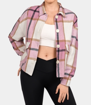 Halara Collared Button Side Pocket Plaid Fleece Casual Jacket Women's Tops Pink Grey Plaid | QRSJUKF-08
