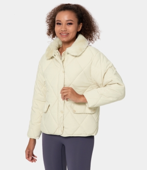 Halara Collared Button Zipper Pocket Padded Jacket Women's Tops Coconut White | YZKNDWS-92