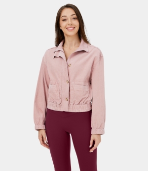 Halara Collared Button Zipper Side Pocket Cropped Corduroy Casual Jacket Women's Tops Lotus | ZYLEJNO-57