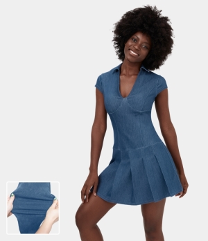 Halara Collared Deep V Neck Pleated Stretchy Knit Denim Mini Casual Women's Dress Paeonia Ocean Blue | 719056-OIB