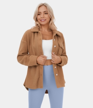 Halara Collared Dropped Shoulder Button Pocket Casual Fleece Jacket Women's Tops Bambi - Brown | FAZHREX-74