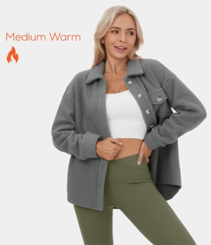 Halara Collared Dropped Shoulder Button Pocket Casual Fleece Jacket Women's Tops Moon Mist | IPHZKAJ-46