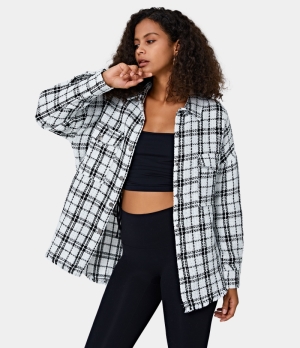 Halara Collared Dropped Shoulder Pocket Front Plaid Shirt Women's Tops Black and White | LQOHJFA-25