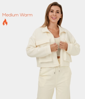 Halara Collared Full Zip Flap Pocket Cropped Fleece Casual Cargo Jacket Women's Tops Tofu | IJBVDAY-70