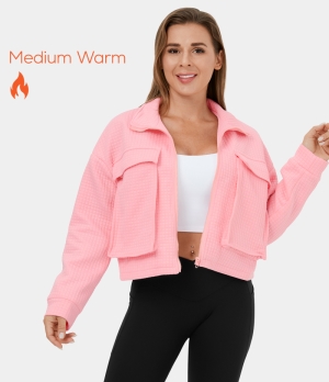 Halara Collared Full Zip Flap Pocket Cropped Fleece Casual Cargo Jacket Women's Tops Crystal Rose | VNEUZFM-12