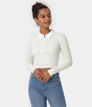 Halara Collared Half Zip Long Sleeve Cropped Sports Women's Tops White | HCKWTJD-49