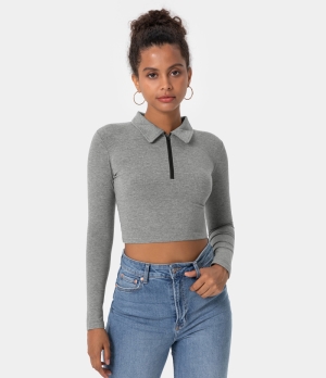 Halara Collared Half Zip Long Sleeve Cropped Sports Women's Tops Grey | KLUJHAE-26