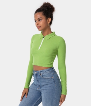 Halara Collared Half Zip Long Sleeve Cropped Sports Women's Tops Pale Green | MJVIXKB-94