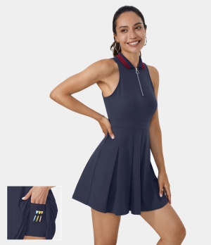 Halara Collared Half Zip Side Pocket 2-Piece Pleated Golf-Golf Tee Pocket Women's Dress Dark Blue | 521406-KXN