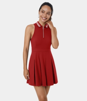 Halara Collared Half Zip Side Pocket 2-Piece Pleated Golf-Golf Tee Pocket Women's Dress Red Dahlia | 673904-CJL