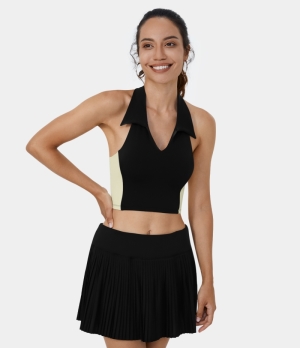 Halara Collared Halter Backless Color Block Cropped Golf Tank Women's Tops Black | AUYHVJS-26