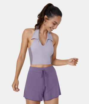 Halara Collared Halter Backless Color Block Cropped Golf Tank Women's Tops Iris | IMQLZXU-68