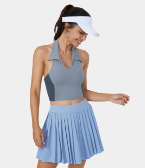 Halara Collared Halter Backless Color Block Cropped Golf Tank Women's Tops Blue Fog | SLQMFJX-76