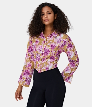 Halara Collared Lace Up Cut Out Button Front Cropped Floral Shirt Women's Tops Ballerina Pink | PZDILBE-97