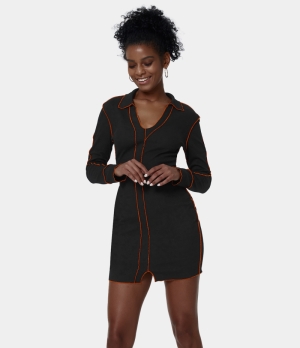 Halara Collared Long Sleeve Split Hem Contrast Trim Mini Women's Dress Black | 716049-FDS