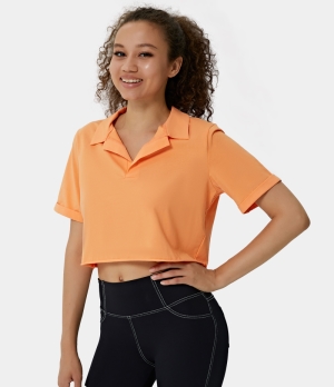 Halara Collared Short Sleeve Raw Hem Cropped Sports Shirt Women's Tops Sunflower | JZATFEV-37