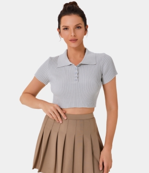 Halara Collared Solid Ribbed Knit Button Cropped Women's Tops Grey | HORLJBY-46