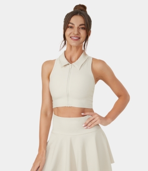 Halara Collared Zip Front Cropped Golf Tank Women's Tops White | FDSBQVT-67