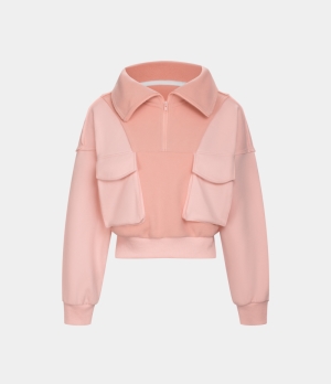 Halara Collared Zipper Cargo Pocket Teddy Cropped Fleece Casual Pullover Sweatshirt Women's Tops Coral Cloud | DSIQHTG-51