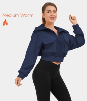 Halara Collared Zipper Cargo Pocket Teddy Cropped Fleece Casual Pullover Sweatshirt Women's Tops Navy Blazer | MAXJUVL-39
