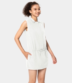 Halara Collared Zipper Side Pocket Drawstring Women's Dress White | 652487-JYR