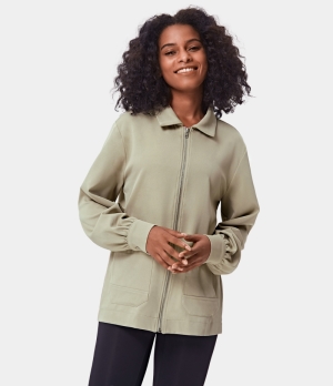 Halara Collared Zipper Side Pocket Plain Jacket Women's Tops Deep Lichen Green | QWAZBFH-46