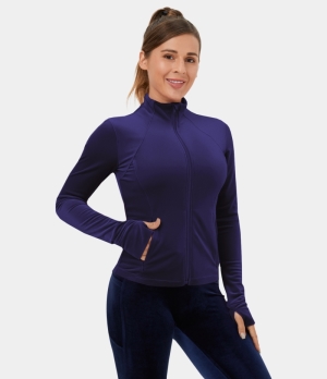 Halara Collared Zipper Thumb Hole Side Pocket Velvet Casual Jacket Women's Tops Dark Blue | POKYMXB-42